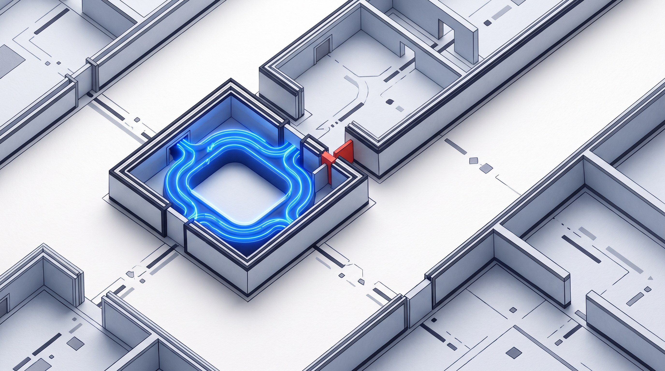 An isolated electric-blue loop runs efficiently inside one rigid module but stops at a red barrier before reaching the surrounding disconnected modules.