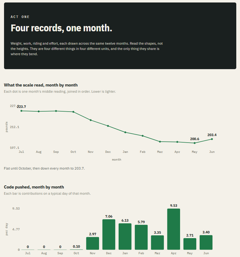 A section of the rolling annual report showing monthly weight and GitHub contribution charts.