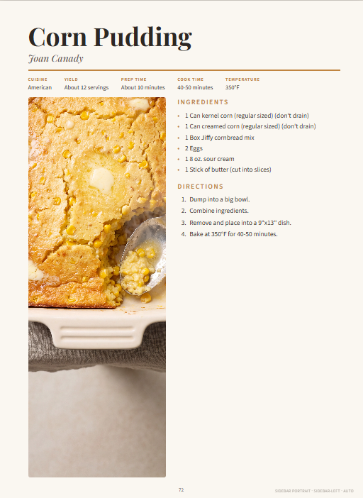 A redesigned family cookbook page for Joan Canady’s corn pudding recipe.