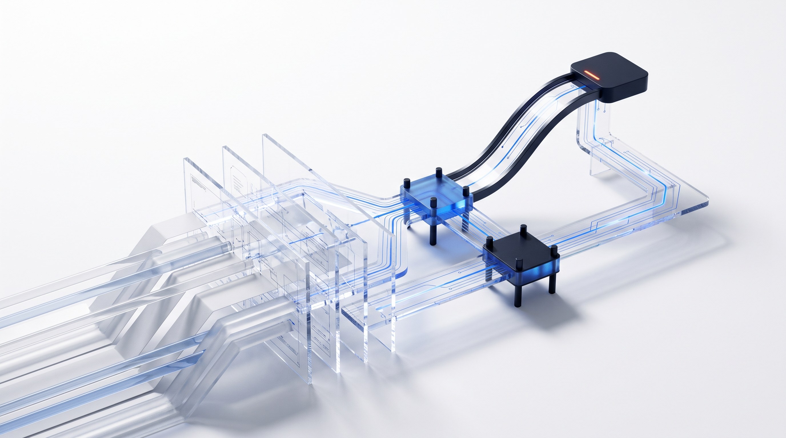 Multiple signal paths pass through transparent analytical layers and connect to dark decision nodes, with one orange-marked escalation point.