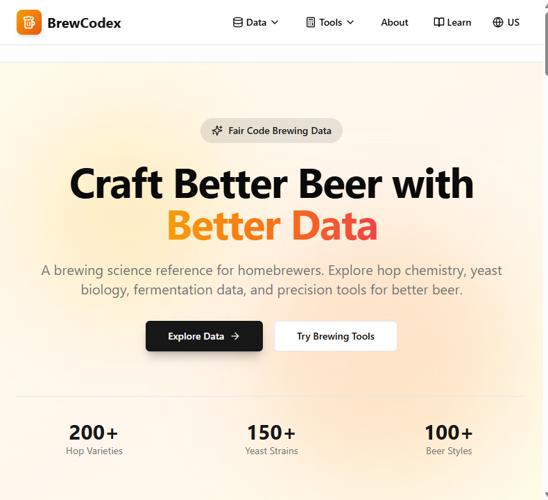 The BrewCodex homepage introducing its brewing data and precision tools for homebrewers.