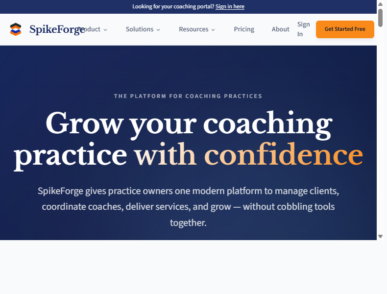 The SpikeForge homepage for its coaching-practice management platform.